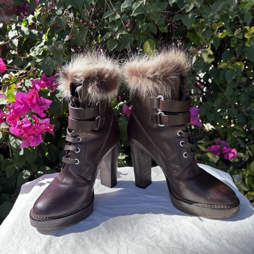 Brunello Cucinelli Leather Fur Double Strap Boots Brown Sz 37